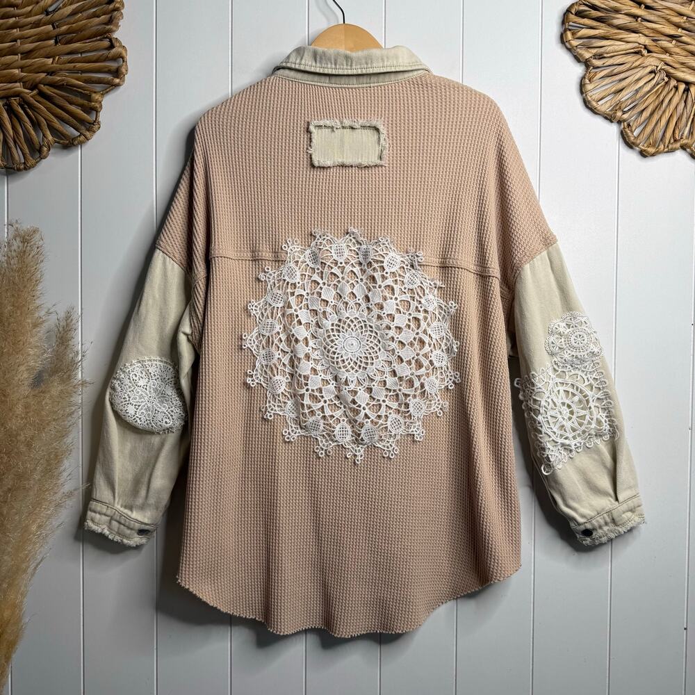 POL patchwork shacket crochet distressed button d… - image 7